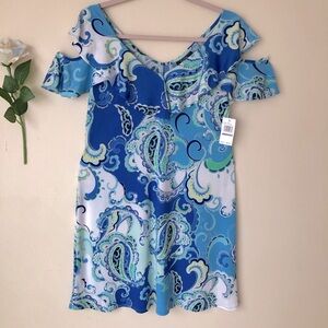MSK Women’s Blue Green Paisley Print Ruffle Sleeve Shift Dress Size S